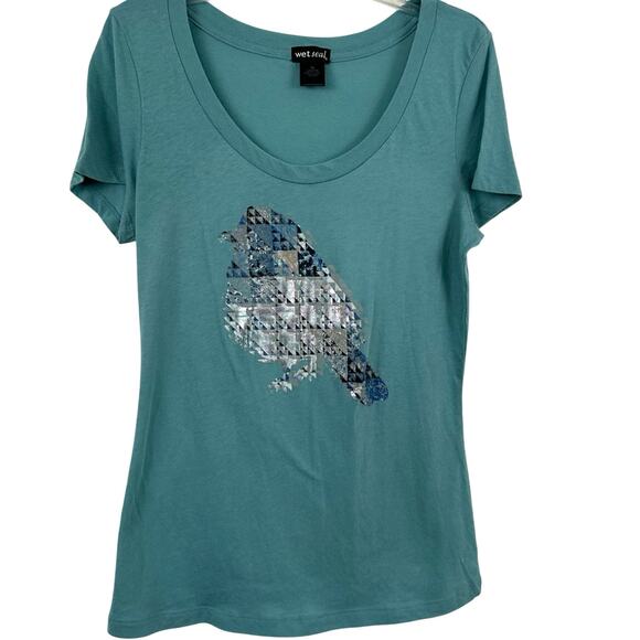 Wet Seal Women 90s Y2K Short Sleeve Graphic T-shirt Top Animal Bird Blue Size XL - Picture 1 of 4